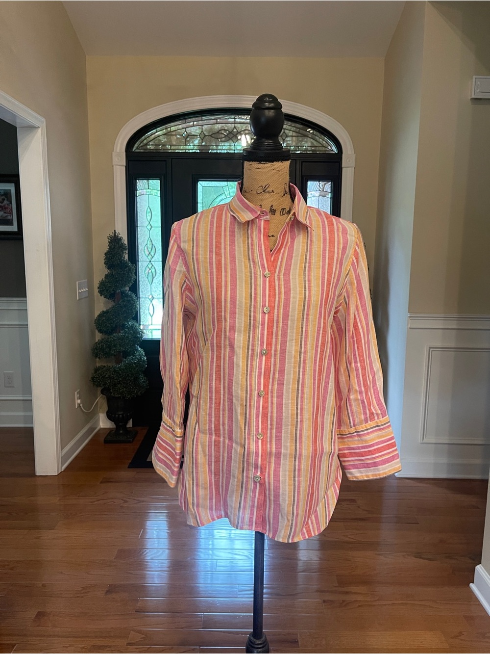 Chico's Women's Linen Stripe Pink Orange Summer Button Down Blouse Size 0.5